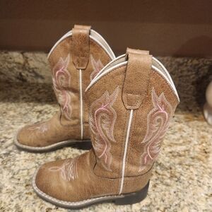 Brown Kids Cowboy Boots with Pink Embroidery
